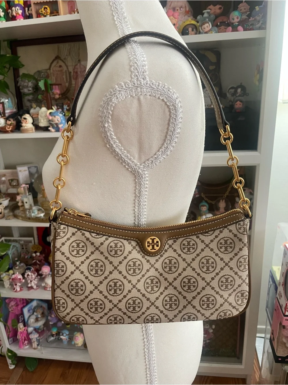 Tory Burch T Monogram Jacquard Shoulder Crossbody Bag Brown Gold